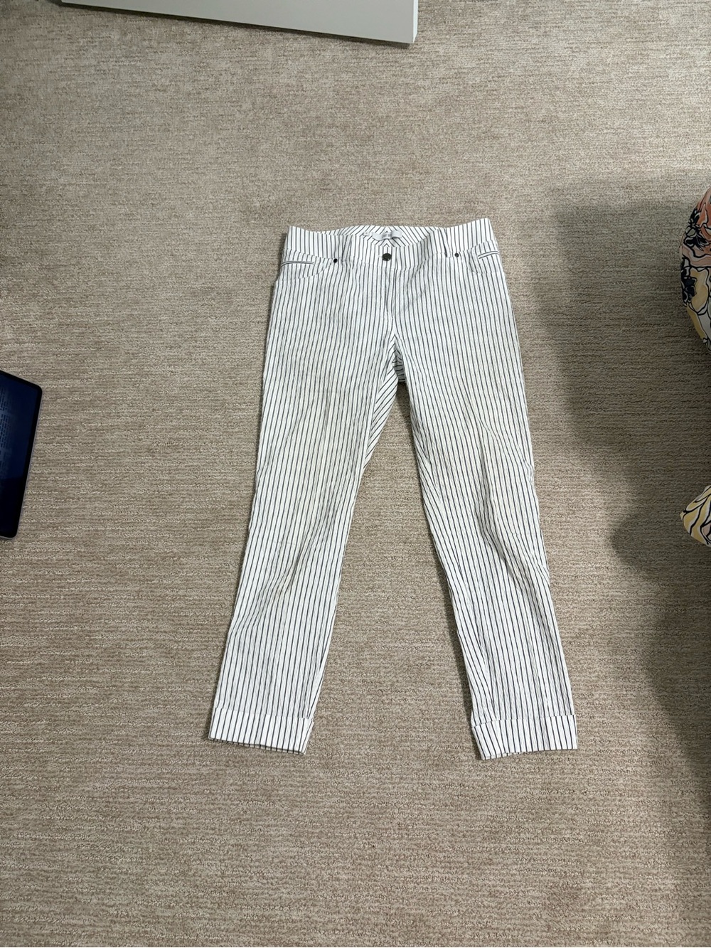 Per Se White Straight-Leg Pants with Black Pinstripes